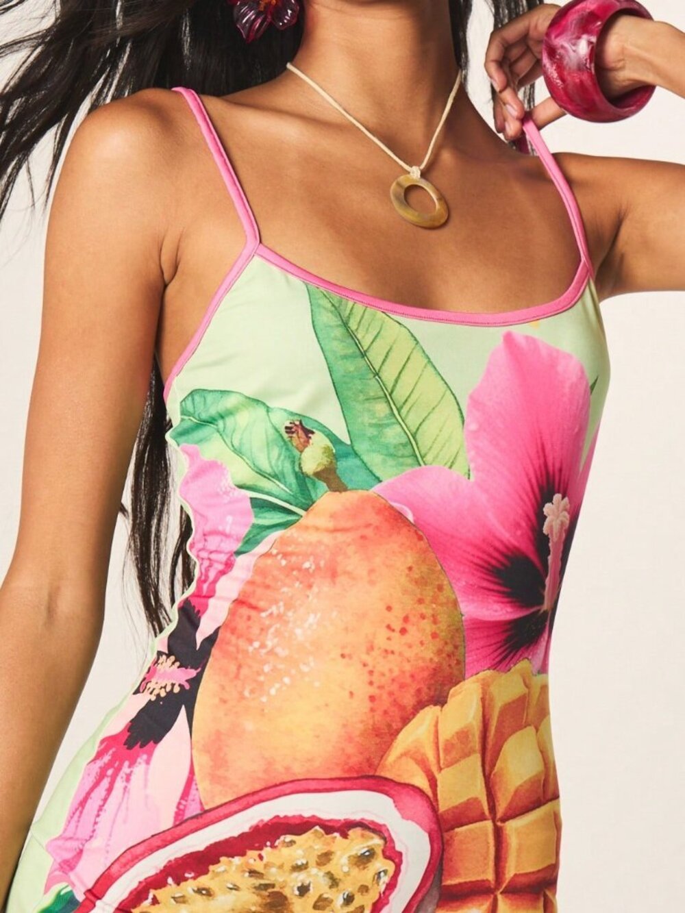 Multicolor Boho Women's Tropical Cami Mini Dress with Fruit Print - Picture 5 of 5